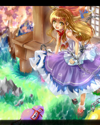 Rule 34 | 1girl, :d, bare shoulders, blue skirt, bottle, bow, bowtie, building, cherry blossoms, female focus, field, full body, grass, hair bow, hikariz, horns, ibuki suika, letterboxed, looking at viewer, oni, open mouth, plant, red bow, red bowtie, rock, shrine, skirt, sliding doors, smile, solo, standing, touhou, tree