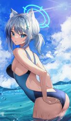 Rule 34 | 1girl, :o, absurdres, animal ear fluff, animal ears, ass, bad id, bad pixiv id, blue archive, blue eyes, blue sky, breasts, cloud, competition swimsuit, cross hair ornament, day, hair ornament, halo, highres, long hair, looking at viewer, medium breasts, ocean, one-piece swimsuit, outdoors, seno (senohime), shiroko (blue archive), shiroko (swimsuit) (blue archive), short hair, sky, solo, sunlight, swimsuit, thighs, wet, white hair