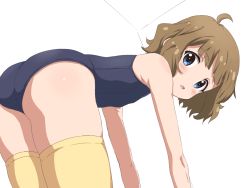 Rule 34 | 1girl, ahoge, ass, bare arms, bare shoulders, bent over, blue eyes, blue one-piece swimsuit, blush, brown hair, commentary request, idolmaster, idolmaster million live!, looking at viewer, looking back, one-piece swimsuit, parted lips, school swimsuit, simple background, sincos, solo, suou momoko, swimsuit, thighhighs, white background, yellow thighhighs