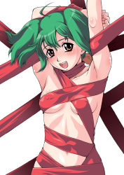 Rule 34 | 00s, 1girl, :d, ahoge, armpits, collarbone, cowboy shot, kouda tomohiro, looking at viewer, macross, macross frontier, naked ribbon, open mouth, ranka lee, ribbon, short hair, simple background, smile, solo, white background