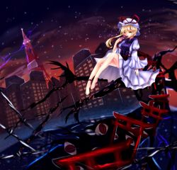 Rule 34 | 1girl, alternate hairstyle, ankleband, armband, bad id, bad pixiv id, barbed wire, bare legs, barefoot, blonde hair, bow, breasts, city, cityscape, cloud, dress, energy, floating, folding fan, gap (touhou), hair bow, hand fan, hat, hat ribbon, legs, light smile, lips, lipstick, long sleeves, makeup, mob cap, multiple torii, nekohashi, night, night sky, pointy ears, ribbon, short hair, side ponytail, sitting, sky, slit pupils, solo, star (sky), tabard, torii, touhou, tower, white dress, wide sleeves, yakumo yukari, yellow eyes