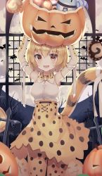 Rule 34 | 1girl, absurdres, arms up, blush, bow, bowtie, brown eyes, elbow gloves, food, gloves, halloween, highres, jack-o&#039;-lantern, japari bun, japari symbol, kemono friends, kemono friends 3, looking at viewer, lucky beast (kemono friends), open mouth, orange hair, orange skirt, serval (kemono friends), serval tail, short hair, skirt, smile, solo, tail, traditional bowtie, yongyong (yongyong7578)