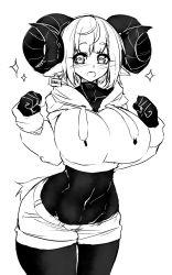 Rule 34 | 1girl, :d, blush, bodysuit, breasts, covered navel, cowboy shot, cropped hoodie, curled horns, ear tag, greyscale, hands up, highres, hood, hood down, hoodie, horizontal pupils, horns, huge breasts, long sleeves, looking at viewer, monochrome, open mouth, original, pointy ears, short shorts, shorts, simple background, smile, solo, standing, sub-res, white background