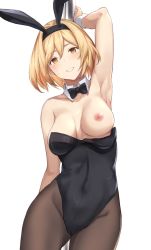 Rule 34 | 1girl, alternate costume, animal ears, arm behind back, arm up, armpits, bare arms, bare shoulders, black bow, black bowtie, black leotard, blonde hair, blush, bow, bowtie, breasts, breasts apart, brown eyes, brown pantyhose, collarbone, commentary request, covered navel, detached collar, djeeta (granblue fantasy), fake animal ears, female focus, granblue fantasy, grin, hair between eyes, highleg, highleg leotard, leaning, leaning to the side, leotard, looking at viewer, medium breasts, neck, nipples, one breast out, pantyhose, playboy bunny, pole, pole dancing, rabbit ears, short hair, simple background, smile, solo, standing, strapless, strapless leotard, stripper pole, sweatdrop, terry (pixiv3274443), white background, wrist cuffs