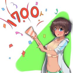 Rule 34 | 1girl, absurdres, bikini, blue eyes, brown hair, camisole, commentary, confetti, dark-skinned female, dark skin, girls und panzer, green bikini, highres, holding, hood, hoodie, jacket, kshimu, looking at viewer, milestone celebration, mismatched bikini, multi-strapped bikini, navel, one-hour drawing challenge, open mouth, party popper, shirt, short hair, sleeves rolled up, smile, solo, standing, suzuki (girls und panzer), swimsuit, white jacket, yellow shirt
