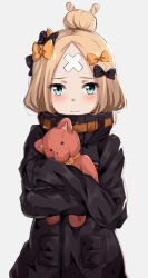 Rule 34 | 1girl, abigail williams (fate), abigail williams (traveling outfit) (fate), black bow, black jacket, blonde hair, blue eyes, blush, bow, closed mouth, commentary request, fate/grand order, fate (series), forehead, grey background, hair bow, hair bun, heroic spirit traveling outfit, highres, jacket, kohakope, long hair, long sleeves, looking at viewer, hugging object, official alternate costume, orange bow, parted bangs, polka dot, polka dot bow, simple background, single hair bun, sleeves past fingers, sleeves past wrists, solo, stuffed animal, stuffed toy, teddy bear