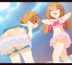 Rule 34 | 10s, absurdres, ass, blue eyes, border, brown hair, butt crack, highres, letterboxed, long hair, multiple girls, neptune (series), ocean, open mouth, planeptune, ram (neptunia), rom (neptunia), short hair, siblings, sisters, sky, smile, swimsuit, twins, undressing
