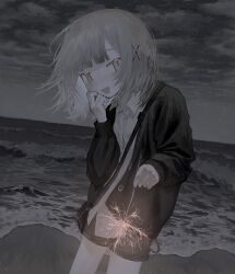 Rule 34 | 1girl, :d, absurdres, bag, beach, black bag, black cardigan, black shorts, blunt bangs, blush, cardigan, cloud, collared shirt, commentary request, cowboy shot, dress shirt, fireworks, floating hair, giv 81, grey hair, hair ornament, hand on own cheek, hand on own face, highres, holding, holding fireworks, horizon, hunched over, ibispaint (medium), long sleeves, looking at viewer, making-of available, night, ocean, open cardigan, open clothes, open mouth, original, outdoors, overcast, rain, shirt, short hair, short shorts, shorts, shoulder bag, sky, slit pupils, smile, solo, sparkler, water, waves, white shirt, x hair ornament