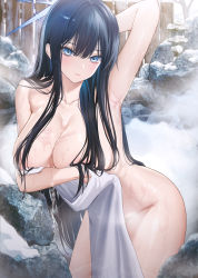 Rule 34 | 1girl, armpits, ass, black hair, blue archive, blue eyes, blush, breasts, collarbone, covering privates, covering breasts, halo, highres, large breasts, legs, lichiko, long hair, looking at viewer, navel, nude, nude cover, onsen, open mouth, revision, saori (blue archive), solo, steam, stomach, thighs, towel, water, wet