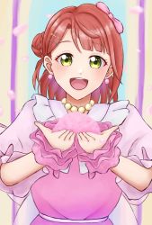 Rule 34 | 1girl, artist name, artist request, back bow, blush, bow, bowtie, braid, braided bun, breasts, close-up, dream with you (love live!), dress, dress bow, earrings, falling petals, female focus, green eyes, hair bow, hair bun, highres, holding, jewelry, long sleeves, looking at viewer, love live!, love live! nijigasaki high school idol club, love live! school idol festival, neck ruff, necklace, orange hair, parted lips, pearl earrings, pearl necklace, petal in mouth, petals, pink bow, pink dress, pink petals, pink wrist cuffs, plaid, plaid dress, pleated, pleated dress, puffy short sleeves, puffy sleeves, red hair, short hair, short sleeves, side bun, single side bun, smile, solo, uehara ayumu, upper body, white bow, wrist cuffs, yellow eyes