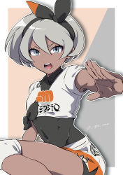 Rule 34 | 1girl, bea (pokemon), black bodysuit, black hairband, bodysuit, bodysuit under clothes, bow hairband, collared shirt, commentary request, covered navel, creatures (company), dark-skinned female, dark skin, eyelashes, game freak, grey eyes, grey hair, gym leader, hair between eyes, hairband, hand up, highres, knee pads, looking at viewer, minato (rigu hm), nintendo, open mouth, pokemon, pokemon swsh, print shirt, print shorts, shirt, short hair, short sleeves, shorts, solo, teeth, tied shirt, tongue