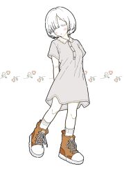 Rule 34 | 1girl, absurdres, arms behind back, asymmetrical bangs, blush, bob cut, boots, breasts, buttons, closed eyes, collared dress, dress, floral background, full body, grey dress, hair over one eye, highres, nonnki, orange footwear, original, parted lips, short dress, short hair, short sleeves, small breasts, socks, solo, standing, white background, white hair, white socks