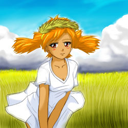 Rule 34 | 1girl, 2ch.ru, blush, breasts, cleavage, cloud, collarbone, day, dress, dvach-tan, field, grass, head wreath, huyase, lightning hair, looking at viewer, mascot, medium breasts, orange hair, outdoors, personification, red eyes, short sleeves, sky, smile, solo, twintails, wheat, white dress, wreath