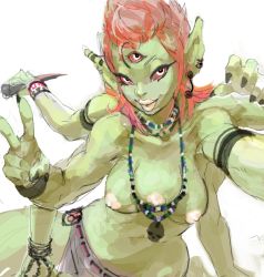 Rule 34 | 1girl, bad drawr id, bad id, breasts, collar, colored skin, drawr, earrings, extra arms, extra breasts, extra eyes, female focus, fingernails, green skin, hip focus, jewelry, knife, light areolae, lips, lipstick, loincloth, looking at viewer, makeup, monster girl, navel, nipples, nude, orange hair, original, pointy ears, red eyes, red hair, short hair, smile, solo, ta (compass), third eye, v, wide hips, yellow eyes
