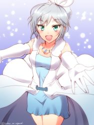 Rule 34 | 10s, 1girl, anastasia (idolmaster), blue dress, collarbone, dress, elbow gloves, eyebrows, gloves, green eyes, idolmaster, idolmaster cinderella girls, jewelry, long hair, looking at viewer, necklace, ookami maito, open mouth, pure white memories, short hair, silver hair, solo, twitter username, white gloves