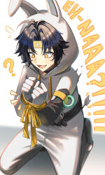 !? 1boy ? animal_costume animal_ears animal_hood asaba_harumasa black_hair blush english_text fake_animal_ears gloves grey_gloves grey_hoodie hair_between_eyes headband highres hood hood_up hoodie kuro_tsubasa long_sleeves male_focus open_mouth rabbit_costume rabbit_ears rabbit_hood ribbon short_hair solo white_background yellow_eyes yellow_headband yellow_ribbon zenless_zone_zero