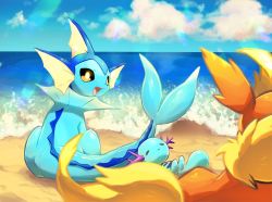 Rule 34 | beach, black sclera, blue sky, closed eyes, closed mouth, cloud, colored sclera, creatures (company), day, fang, flareon, from behind, game freak, gen 1 pokemon, gen 2 pokemon, happy, highres, horizon, jpeg artifacts, looking at another, looking back, lying, nintendo, no humans, nullma, ocean, on back, open mouth, outdoors, pokemon, pokemon (creature), sand, shiny skin, sitting, skin fang, sky, sleeping, smile, sunlight, vaporeon, water, wooper, yellow eyes