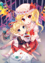 Rule 34 | 3girls, amo (shibu3), ascot, blonde hair, blood, blood stain, blue eyes, blush, bobby socks, bubble skirt, cheek pinching, choker, crystal, cup, daisy, diamond-shaped pupils, diamond (shape), doily, doll, dress, closed eyes, fang, flandre scarlet, flower, flower pot, frilled legwear, frilled shirt collar, frilled skirt, frills, hair ribbon, hat, hat ribbon, highres, holding, holding cup, indoors, lace, looking at viewer, medicine melancholy, mob cap, multiple girls, no shoes, one side up, open mouth, paper, pinching, puffy short sleeves, puffy sleeves, red eyes, red ribbon, red skirt, ribbon, ribbon trim, saucer, short hair, short sleeves, side ponytail, sitting, sitting on lap, sitting on person, skirt, socks, sparkle, su-san, symbol-shaped pupils, table, teacup, teapot, touhou, trait connection, vampire, white legwear, wings, wrist cuffs