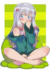 Rule 34 | absurdres, barefoot, eromanga sensei, feet, full body, halftone, hand to own mouth, highres, outside border, scan, sitting, solo, toes