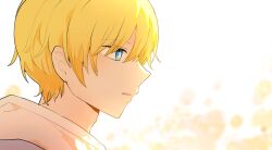 Rule 34 | 1boy, akirarec, blonde hair, blue eyes, chinese commentary, commentary request, from side, hair between eyes, highres, hoshino aquamarine, male focus, oshi no ko, parted lips, portrait, profile, short hair, sidelocks, solo, white background