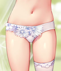 Rule 34 | 1girl, absurdres, bikini, blurry, blurry background, commentary request, copyright request, depth of field, flower, flower trim, highres, jean.organ, lower body, navel, single thighhigh, skindentation, solo, standing, stomach, swimsuit, thighhighs, white bikini, white flower, white thighhighs