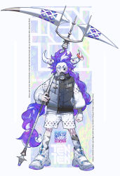 Rule 34 | 1boy, absurdres, black eyes, clenched hand, doughnut, extra eyes, food, full body, grey socks, heterochromia, highres, holding, holding weapon, horn ornament, horn ring, horns, jacket, legs apart, long hair, looking at viewer, male focus, original, pigeon666, purple hair, respirator, shoes, shorts, socks, solo, standing, very long hair, weapon, white eyes, white footwear, white shorts