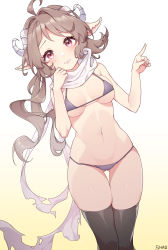 Rule 34 | 1girl, absurdres, arknights, artist name, bad id, bad pixiv id, bikini, black thighhighs, blue bikini, blush, breasts, brown hair, eyjafjalla (arknights), hand up, highres, horns, jinker384057268, long hair, looking at viewer, medium breasts, navel, pink eyes, pointy ears, scarf, solo, standing, swimsuit, thighhighs, torn clothes, torn scarf, two-tone background, white background, white scarf, yellow background