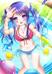 Rule 34 | 1girl, :d, arm up, ball, bare arms, bare shoulders, beachball, bikini, blue hair, blush, bracelet, breasts, cleavage, collarbone, day, female focus, flower, frilled bikini, frills, front-tie bikini top, front-tie top, hair flower, hair ornament, highres, hose, jewelry, large breasts, light rays, long hair, looking at viewer, nail art, nail polish, navel, necklace, open \m/, open mouth, original, outdoors, partially submerged, pink bikini, purple eyes, rubber duck, shitou, side-tie bikini bottom, smile, solo, sunbeam, sunlight, swimsuit, twintails, very long hair, wading pool, water, water gun