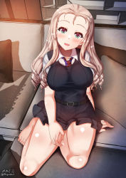Rule 34 | 1girl, barefoot, bc freedom school uniform, blonde hair, blush, breasts, couch, drill hair, girls und panzer, green eyes, highres, indoors, large breasts, long hair, looking at viewer, marie (girls und panzer), megadeko, on couch, open mouth, school uniform, shiny skin, sitting, smile, solo