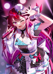 Rule 34 | 1girl, black nails, bow, breasts, concert, fang, hair bow, highres, holding, holding microphone, hololive, hololive english, hololive idol uniform (bright), horns, idol, irys (hololive), long hair, looking at viewer, medium breasts, microphone, multicolored hair, multicolored nails, nail polish, navel, official alternate costume, one eye closed, open mouth, pink eyes, pink nails, pointy ears, purple hair, red hair, skyrail, smile, solo, virtual youtuber