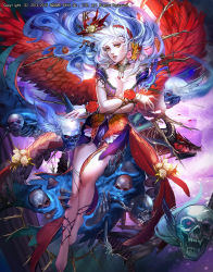 Rule 34 | 1girl, barefoot, blue hair, breasts, breasts squeezed together, dragon, emperors saga, feathered wings, feathers, fingernails, ghost, hair ornament, hairband, highres, large breasts, liduke, looking at viewer, nail polish, official art, parted lips, plant, red wings, skull, solo, toenail polish, toenails, vines, watermark, wings, yellow eyes