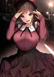 Rule 34 | 1girl, :d, absurdres, arms up, beret, black ribbon, black skirt, blurry, blurry background, blush, breasts, brown hair, commentary request, cowboy shot, depth of field, fay (fay axl), fingernails, hat, high-waist skirt, highres, lamppost, large breasts, long hair, long sleeves, looking at viewer, nail polish, neck ribbon, night, open mouth, original, outdoors, purple eyes, purple hat, purple shirt, red nails, ribbon, road, shirt, skirt, sleeves past wrists, smile, solo, street, suspender skirt, suspenders, tears