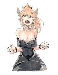 Rule 34 | 1girl, armlet, bare shoulders, black dress, blonde hair, blue eyes, bowsette, bracelet, breasts, brooch, cleavage, commentary, dress, earrings, fingernails, forked eyebrows, highres, horns, jewelry, kotoyama, large breasts, looking at viewer, mario (series), nail polish, new super mario bros. u deluxe, nintendo, open mouth, pointy ears, sharp fingernails, sharp teeth, solo, spiked bracelet, spikes, super crown, teeth, uvula
