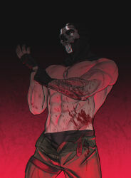 Rule 34 | 1boy, abs, absurdres, adjusting clothes, adjusting gloves, arm tattoo, black gloves, black male underwear, blood, blood on face, call of duty, call of duty: modern warfare 2, dopanin, fingerless gloves, ghost (modern warfare 2), gloves, green pants, highres, jewelry, large pectorals, male focus, male underwear, male underwear peek, mask, muscular, muscular male, navel, necklace, open pants, pants, pectorals, skull mask, solo, tattoo, underwear