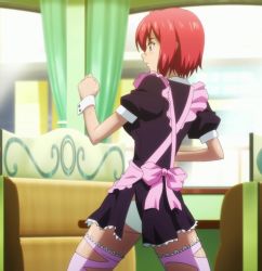 Rule 34 | 1girl, apron, bandaid, clenched hand, curtains, female focus, fighting stance, highres, indoors, lace, lace-trimmed legwear, lace trim, maid, maid apron, maken-ki!, panties, pantyshot, pink thighhighs, profile, puffy sleeves, purple eyes, red hair, screencap, shinatsu azuki, shiny skin, short hair, short sleeves, skindentation, solo, standing, stitched, takami akio, thighhighs, thighs, third-party edit, torn clothes, torn thighhighs, underwear, white panties, wrist cuffs