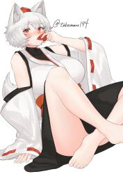 Rule 34 | 1girl, absurdres, animal ear fluff, animal ears, artist name, bare shoulders, barefoot, black skirt, blush, breasts, commentary, english commentary, feet, highres, holding, inubashiri momiji, japanese clothes, kimono, large breasts, legs, looking at viewer, obi, red eyes, ribbon-trimmed sleeves, ribbon trim, sash, short hair, short kimono, simple background, skirt, solo, tail, take (take143000), toenails, toes, touhou, twitter username, white background, white hair, white kimono, white sleeves, wolf ears, wolf girl, wolf tail
