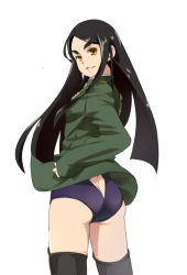 Rule 34 | 1girl, ass, ass cutout, black hair, black thighhighs, butt crack, clothing cutout, cowboy shot, eyebrows, fusou empire princess, long hair, long sleeves, military, military uniform, simple background, solo, strike witches, strike witches zero, swimsuit, swimsuit under clothes, tail, tail through clothes, thick eyebrows, thighhighs, uniform, uno ichi, very long hair, white background, world witches series
