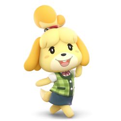Rule 34 | 1girl, 3d, animal crossing, animal ears, artist request, bell, black sclera, blonde hair, blue skirt, blush, blush stickers, chibi, colored sclera, dog, dog ears, dog girl, dog tail, female focus, full body, furry, furry female, green vest, hair bell, hair ornament, hair tie, hand up, happy, highres, isabelle (animal crossing), jingle bell, looking at viewer, neck ribbon, nintendo, open mouth, pencil skirt, red ribbon, ribbon, running, shirt, short hair, short sleeves, simple background, skirt, smile, solo, standing, super smash bros., tail, teeth, topknot, transparent background, vest, white background, white eyes, white shirt