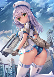 Rule 34 | 1girl, ammunition, ass, bag, beret, blue neckerchief, blue panties, blue sailor collar, blue sky, boots, breasts, brown gloves, building, bullpup, closed mouth, cloud, commentary request, day, double-barreled shotgun, dress, from behind, gloves, goddess of victory: nikke, green eyes, grey hair, gun, hat, highres, holding, holding gun, holding weapon, kneeling, long hair, looking at viewer, looking back, medium breasts, multiple-barrel firearm, neckerchief, neon (nikke), outdoors, panties, pleated dress, pump-action shotgun, pump action, ruins, sailor collar, short sleeves, shotgun, shotgun shell, side-by-side-barreled shotgun, sky, solo, standard manufacturing dp-12, thigh boots, umitonakai, underwear, weapon, white dress, white footwear, white hat, window