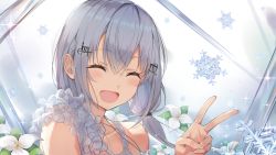 Rule 34 | 1girl, :d, absurdres, blush, closed eyes, facing viewer, flower, grey hair, hair ornament, hairclip, hakase fuyuki, hand up, highres, long hair, nijisanji, open mouth, shima46, smile, snowflakes, solo, twintails, v, virtual youtuber, white flower