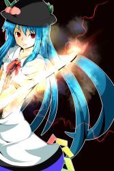 Rule 34 | 1girl, blue hair, bow, collarbone, coolon, electricity, female focus, food, fruit, hat, hinanawi tenshi, leaf, long hair, peach, puffy sleeves, red eyes, short sleeves, smile, solo, sword, sword of hisou, touhou, very long hair, weapon