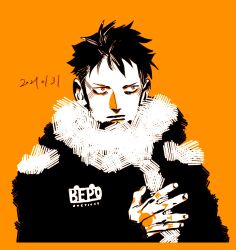 Rule 34 | 1boy, black hair, coat, commentary, dated, hand tattoo, highres, kotteri, looking to the side, male focus, one piece, orange background, orange eyes, short hair, sideburns, simple background, solo, spiked hair, tattoo, trafalgar law, upper body