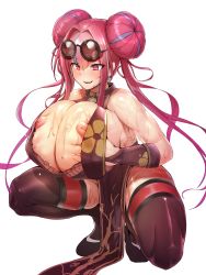 Rule 34 | 1girl, 9is, alternate breast size, azur lane, bare shoulders, black thighhighs, blush, braid, breast hold, breasts, breasts squeezed together, bremerton (azur lane), bremerton (kung fu cruiser) (azur lane), chinese clothes, double bun, doughnut hair bun, earrings, eyewear on head, fang, female focus, fingerless gloves, gloves, grabbing, grabbing another&#039;s breast, grabbing own breast, hair between eyes, hair bun, highres, huge breasts, inverted nipples, jewelry, looking at breasts, mole, mole under eye, multicolored hair, nipples, official alternate costume, pelvic curtain, pink eyes, pink hair, round eyewear, shiny skin, simple background, solo, squatting, sunglasses on head, thighhighs, transparent background, twintails, wet, white background