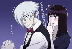 Rule 34 | 10s, 1boy, 1girl, black hair, blue eyes, blush, bow, bowtie, chiyuki (death parade), commentary request, covering own mouth, cup, death parade, decim (death parade), drinking glass, hair over one eye, jewelry, kurokami no onna, lipstick, long hair, makeup, pendant, red eyes, rokka (gipsyroad), smile, symbol-shaped pupils, towel, vest, white hair