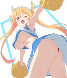 Rule 34 | 1girl, ;d, absurdres, ass, black panties, blonde hair, breasts, cheerleader, commission, dragon girl, dragon horns, highres, holding, holding pom poms, horns, kobayashi-san chi no maidragon, large breasts, looking at viewer, no bra, one eye closed, open mouth, panties, pixiv commission, pom pom (cheerleading), pom poms, red eyes, sincos, slit pupils, smile, solo, tohru (maidragon), twintails, underboob, underwear