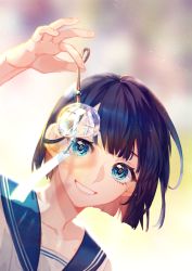 Rule 34 | 1girl, :d, black hair, blue eyes, blue sailor collar, blunt bangs, blurry, blurry background, bob cut, close-up, collarbone, fingernails, floating hair, gradient background, hand up, harrymiao, highres, holding, holding wind chime, leaning, leaning to the side, light particles, light rays, looking at viewer, open mouth, original, sailor collar, school uniform, shaded face, shadow, shirt, simple background, smile, solo, sunbeam, sunlight, teeth, uniform, upper body, white shirt, wind chime, wind chime focus