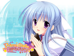 Rule 34 | 00s, 1girl, arm up, atelier kaguya, blue hair, choco chip, copyright name, eyelashes, female focus, fountain, game cg, hair between eyes, hair ornament, hair ribbon, lips, long hair, long sleeves, looking at viewer, onoshima kusumi, open mouth, own hands together, prima stella, purple eyes, ribbon, school, school uniform, shade, shirt, smile, solo, solo focus, star (sky), tongue, upper body, very long hair, wall, white shirt, window