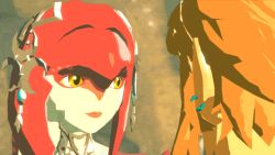 Rule 34 | 1boy, 1girl, 3d, animated, animated gif, blonde hair, earrings, closed eyes, fish girl, hetero, kiss, link, lipstick, mipha, nintendo, pointy ears, ponytail, sable serviette, the legend of zelda, the legend of zelda: breath of the wild, yellow eyes, zora