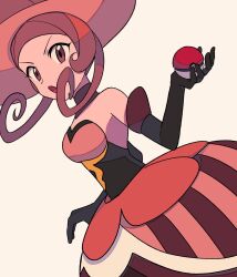 Rule 34 | 1girl, :o, arched bangs, bare shoulders, black gloves, brown eyes, brown hair, choker, commentary request, creatures (company), dana (pokemon), elbow gloves, eyelashes, game freak, gloves, hat, highres, holding, holding poke ball, looking at viewer, nintendo, open mouth, pink skirt, poke ball, poke ball (basic), pokemon, pokemon xy, simple background, skirt, solo, top hat, tyako 089