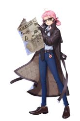 Rule 34 | 11ama, 1girl, absurdres, ahoge, bad source, belt, black survival, blue pants, blue shirt, brown belt, brown coat, brown footwear, brown necktie, coat, collared shirt, denim, eleven (black survival), full body, glasses, green eyes, hair rings, highres, looking at viewer, medium hair, necktie, newspaper, official alternate costume, official art, one eye closed, open clothes, open coat, pants, parted lips, pink hair, shirt, shoes, simple background, solo, standing, sunglasses, transparent background